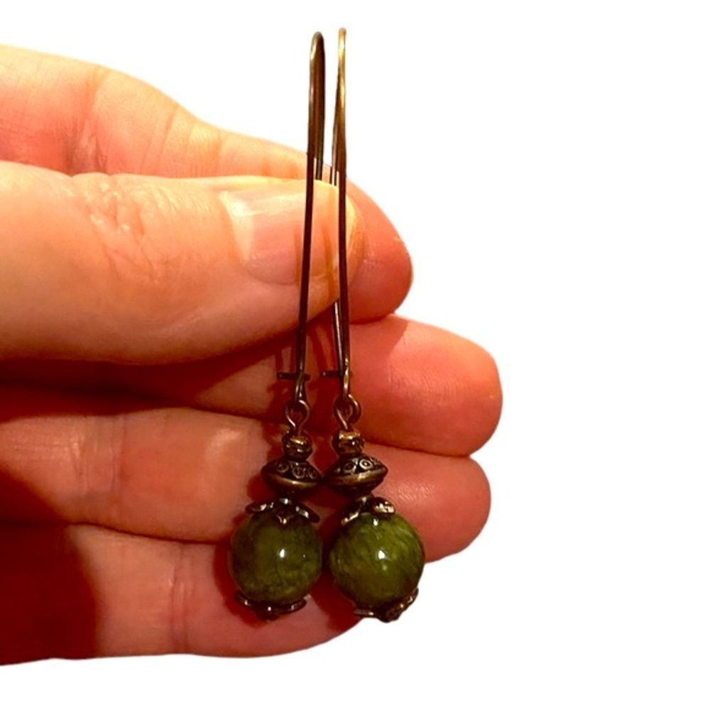 HandCrafted Artisan Earrings Boho Bronze Green Ceramic Long Rustic Earthy # 172 